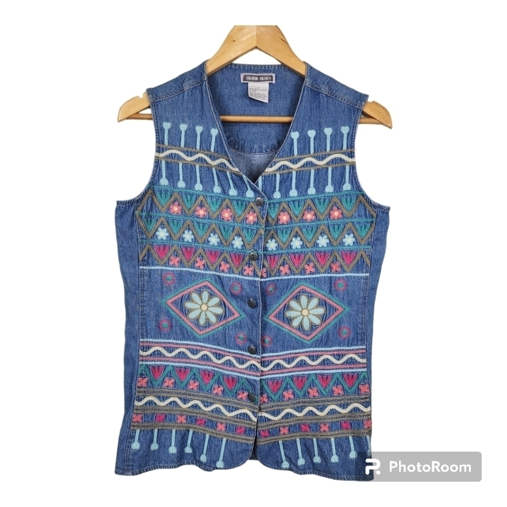 Sigrid Olsen Denim Embroidered Boho Vest Size 4 - image 1